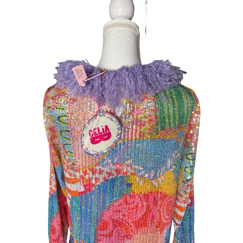 Celia B Raffaella Sequin Fringe Maxi Dress Colorful Statement Size S - Picture 2 of 8